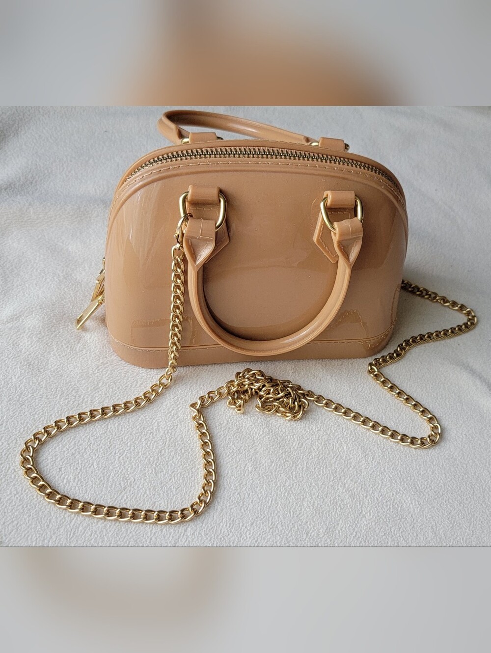 Plastic Mini Satchel Handbag in Nude with Gold Chain